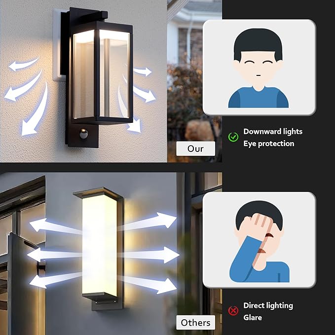 Motion Sensor Outdoor Wall Light LED Wall Sconce Black Mount Waterproof Exterior Light Fixture Aluminum Porch Lamps for Patio Entryway Doorway Fence Garage, 750LM 3000K