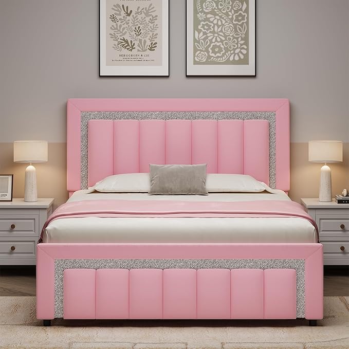 HOMBCK Full Size Bed Frame with LED Lights and Velvet Upholstered Headboard, Bed Frame Full with Modern Diamond Headboard Adjustable, Wooden Slats Support, Noise Free, No Box Spring Needed, Pink