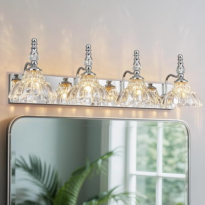 Vintage Bathroom Vanity Light, 4-Light Chrome Vanity Lighting Fixture with Flower Glass Shade, Bathroom Lighting Fixtures Over Mirror