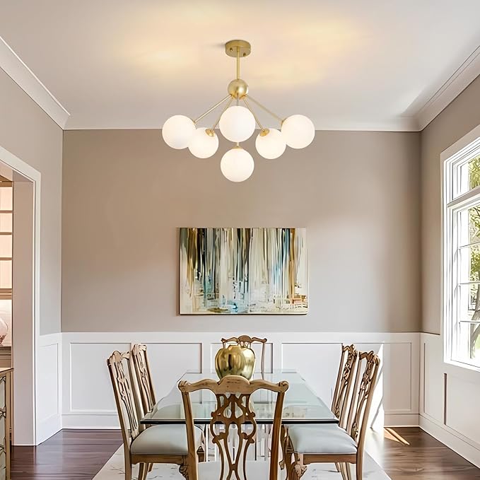 KCO Lighting 6-Light Frosted White Glass Globe Sputnik Chandelier Modern Gold Flush Mount Ceiling Light Mid-Century Close to Ceiling Light Fixture for Foyer Hallway Entry
