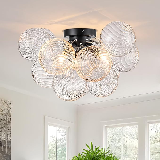 Semi Flush Mount Ceiling Light,Black Chandeliers for Living Room Modern Clear Swirled Glass Chandelier Dining Room Light Fixtures over Table 18.5" with 13 Globe for Foyer Bedroom Kitchen Island