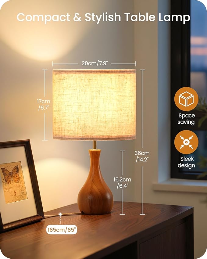 Wood Table Lamps Set of 2, Small Bedside Lamp with Beige Linen Lampshade & Dark Natural Wood Base, 14.2" Modern Cute Desk Lamp for Small Space, E26 Base, Bulb Not Included, LE09TLP205