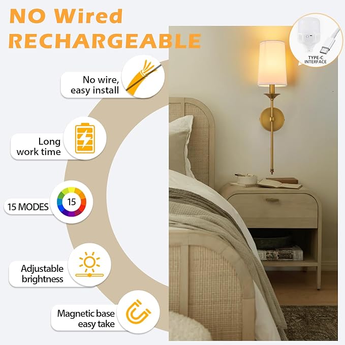 PASSICA DECOR Battery Operated Wall Sconce Set of 2 - Rechargeable Cordless Lights with Remote, Dimmable RGB Timer Wireless Sconces for Bedroom, Living Room, Hallway