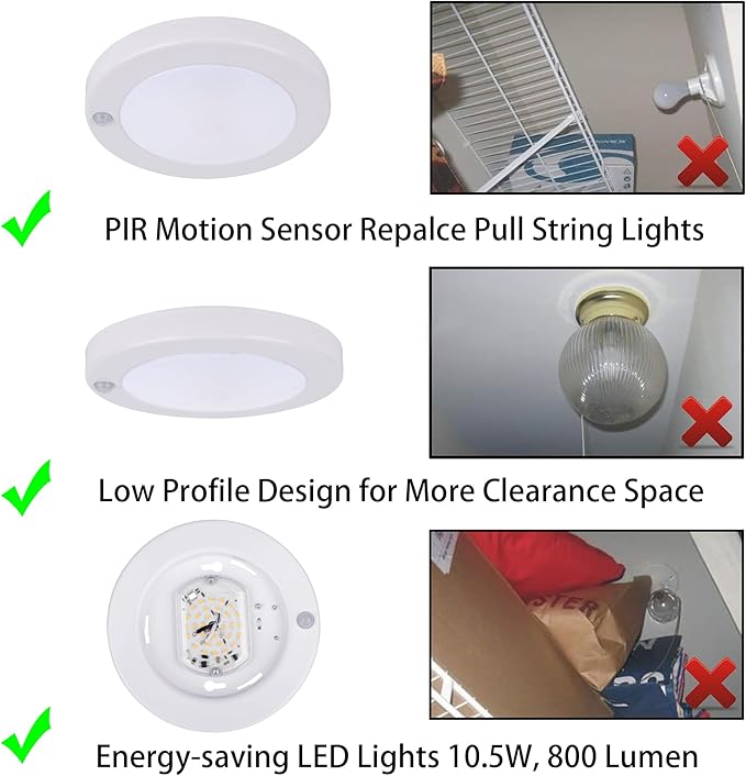 YoonLIT Flush Mount PIR Motion Sensor LED Ceiling Light, 6.2 Inch 10.5W 800 Lumen, Motion Activated Ceiling Fixture for Closet, Garage, Doorway, Stairway, Hallway, White Finish 3000K 2-Pack