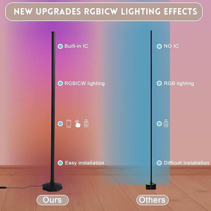 RGB Lamp for Any Room, LED Corner Floor Lamp for Living Room, Color Changing Light Bar for Bedroom, Smart Floor Lamp with Adjustable LED Lighting, Stick Lamp with Remote (145cm)