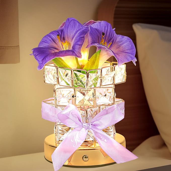 Purple Morning Glory Flower Table Lamp, Artificial Flowers Birthday Gifts for Women Mom Grandma Sister, Rechargeable Battery Powered Cordless Touch Crystal Night Light, Kitchen Bedroom Office Decor
