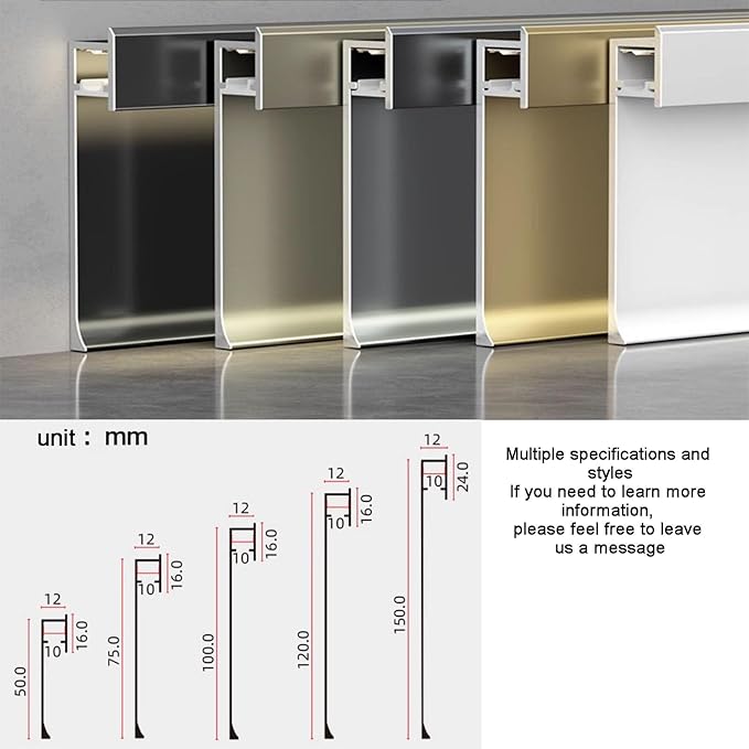 14Pcs LED Aluminium Metal Baseboard Trim, Matte Silver 50mm x 2500mm 1.97" x 8.2' Total 114.8 ft LED Light Aluminum Wall Base Board Cover Molding Skirting Trim, Embedded Mount Down Light B Style