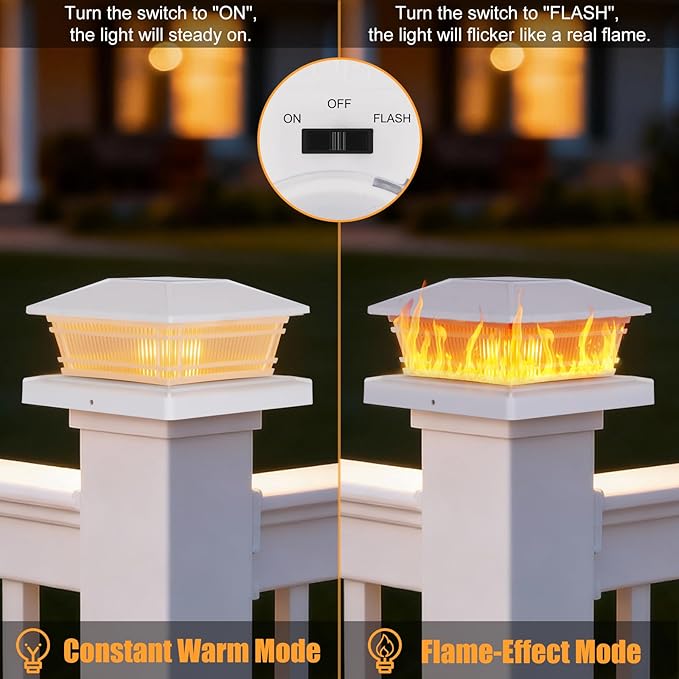 8 Pack Flame Post Solar Lights, Flickering Flame & Warm Light Solar Lights for Fence Posts, Waterproof Deck Post Lights for Porch Garden Yard for 4x4 5x5 6x6 Vinyl/Wooden Posts, White
