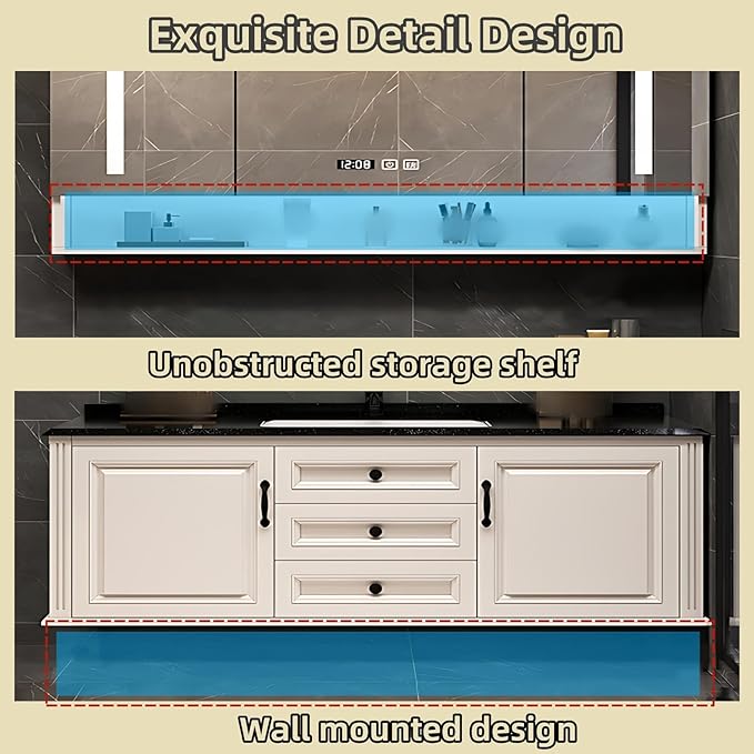 56IN Bathroom Vanity with Single Sink - Open Style Storage Shelves & Side Cabinets | Wall Mounted Bathroom Vanities Set, Time Display Mirror Cabinet Includes Defogging & Lighting Functions (Style A)