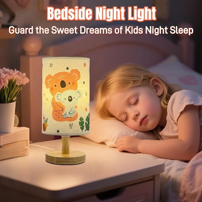 Kids Table Lamp for Girls Bedroom Nightstand Lamps, Christmas Gift for Girl-3Color Modes LED Cartoon Bedside Night Light with Koala Bear Lampshade and Wood Base, Desk Lamp for Kids room/Living Decor