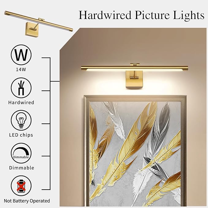 Joosenhouse LED Picture Light Fixtures Dimmable 24.4 Inches, Full Metal Artwork Display Lamp with Single Swing Arm, 14W (70W Eqv), Hardwired Connection, 3000K Warm White, Golden-Like Brass Finish