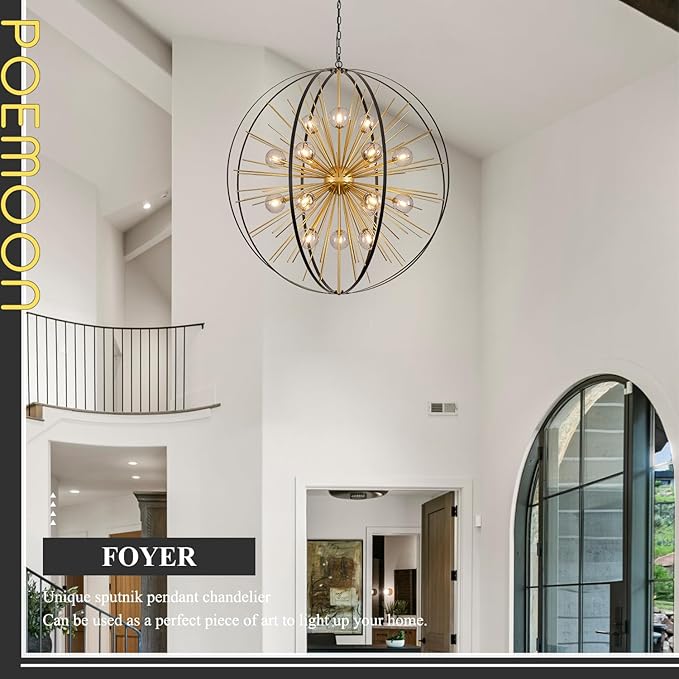 43.2" Extra Large Modern Black Gold Sputnik Chandelier Mid Century 18 Lights Tall Ceiling Firework Globe Pendant Light with Smoke Class Lampshades for Foyer Staircase Entryway Living Room