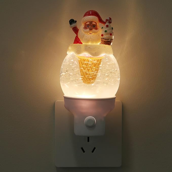 Christmas Santa Night Light Plug into Wall Glitter Water Nightlight with USB/Outlet Options, Christmas Decorative Nightlight for Bedroom Kitchen Nursery Holiday Decorations Gifts (Santa Ice Cream)