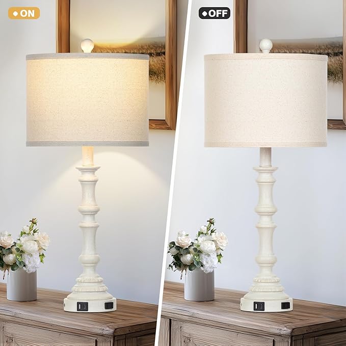 27.5" Tall Table Lamp for Living Room Set of 2, Vintage Farmhouse Table Lamps with USB C+A Ports, 3-Way Dimmable Touch Bedside Lamps, Tradition Bedroom Lamps for Nightstand Side End Table Desk, White