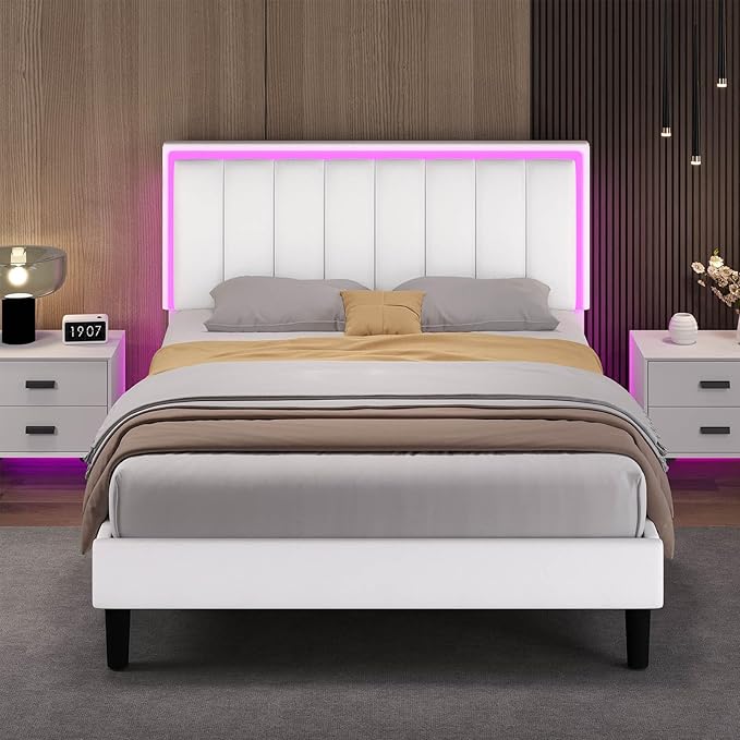Queen Bed Frame, Bed Frame Queen Size with LED Lights, Upholstered Queen Bed Frames with Headboard, Heavy Duty Wood Slats Support, Noise-Free, No Box Spring Needed, Easy Assembly, White