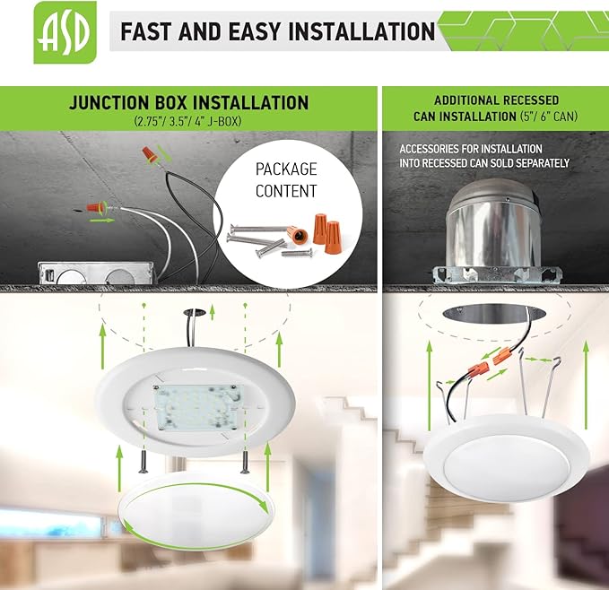 ASD 6 Inch LED Flush Mount Ceiling Light, Wet Rated Dimmable LED Disk Light, Ultra Bright 1200 LM, CRI90, J-Box or Recessed Can, White, 15W (130W Eqv.) 3000K, Energy Star, ETL