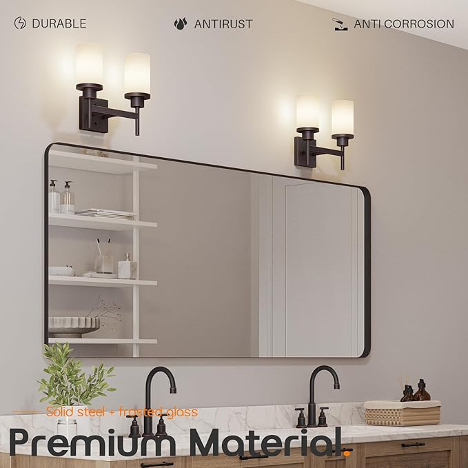 Wall Lights Over Mirror Bathroom Vanity Light Fixtures with White Frosted Glass, Double Wall Sconces for Hallway Entrance, Oil Rubbed Bronze T001ORB-L2