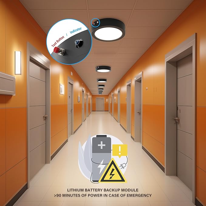 ZAGO 7 Inch Flush LED Lights with Emergency Battery Backup, Wafer Round Disk Light Emergency Kit, Edgelit, 120-277V, Dimmable, 15W, 1000LM, 5CCT Selectable, ETL/Wet Rated, Black