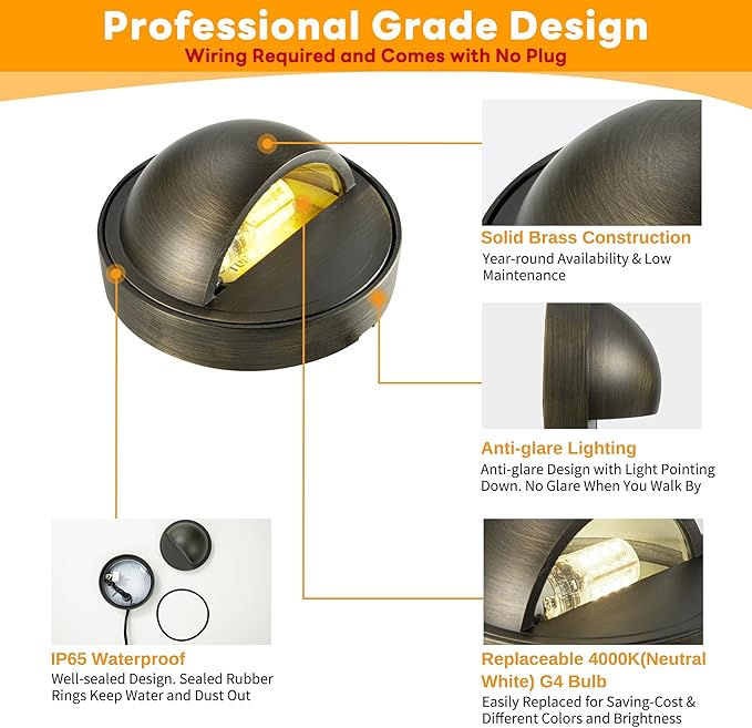 Gardenreet Low Voltage Deck Lights - Solid Brass Landscape Step Lights LED, 12V Hardwired IP65 Waterproof, Bronze Round Lighting for Fence Wall Yard with 3W 4000K Cool White G4 Bulb 4Pack