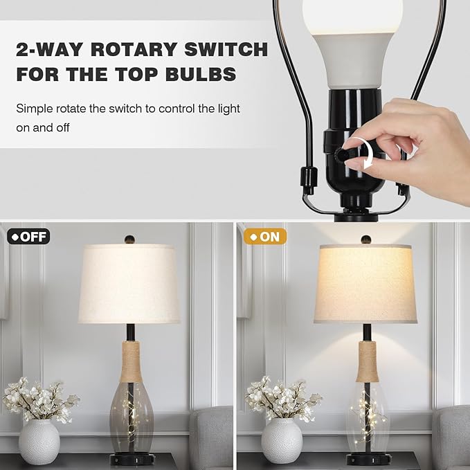 28" Tall Coastal Table Lamps Set of 2, Glass Black Modern Table Lamps with 3-Way Dimmable Touch Control Fairy Lights & Type-C Charging, Beach Nautical Bedside Lamps for Living Room Bedrooms End Table