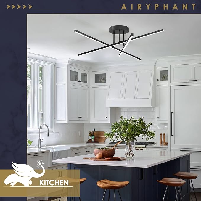 Modern LED Chandelier 18W Dimmable Black Semi Flush Mount Ceiling Light Fixture for Kitchen Dining Room Foyer Entry, 23.82"