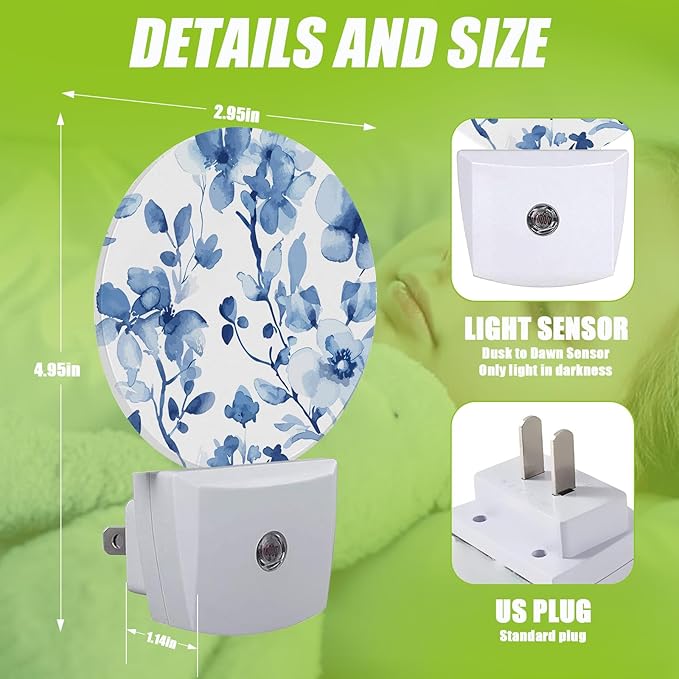 Vintage Blue Floral Night Light,Abstract Botanical Floral Plug-in Night Lights with Dusk-to-Dawn Sensor for Bedroom Bathroom and Living Room Sleep Friendly lamp