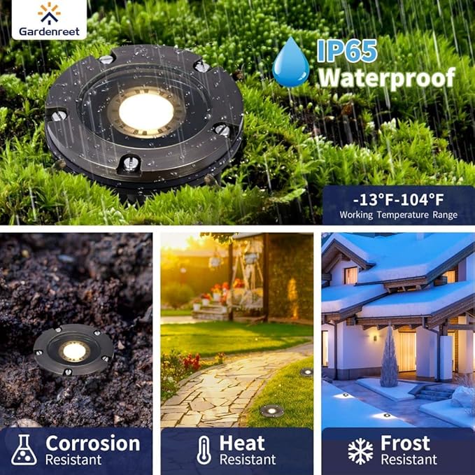 Gardenreet Brass Low Voltage In Ground Lights Kit(6 Pack) with MR16 Bulb & 100Feet Wire & Connectors, 12V AC/DC LED Well Lighting for Outdoor Yard Garden Paver Path(Open Top)