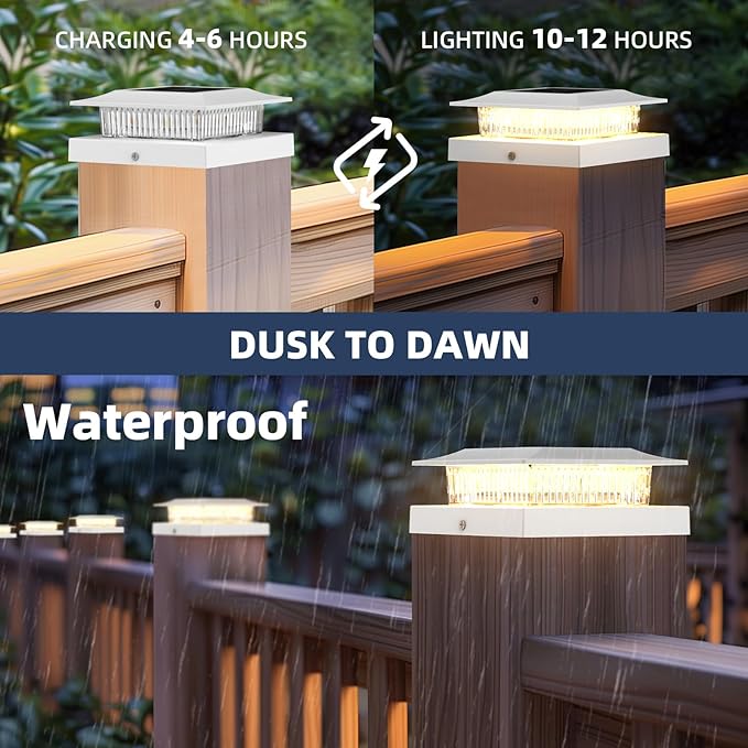 4x4 Solar Post Cap Lights 12 Pack, Fence Post Solar Lights with Warm White/Cool White, Only Fit 4x4 Wood/Vinyl Posts, Waterproof Outdoor Deck Post Light for Deck, Fence, Porch(White)