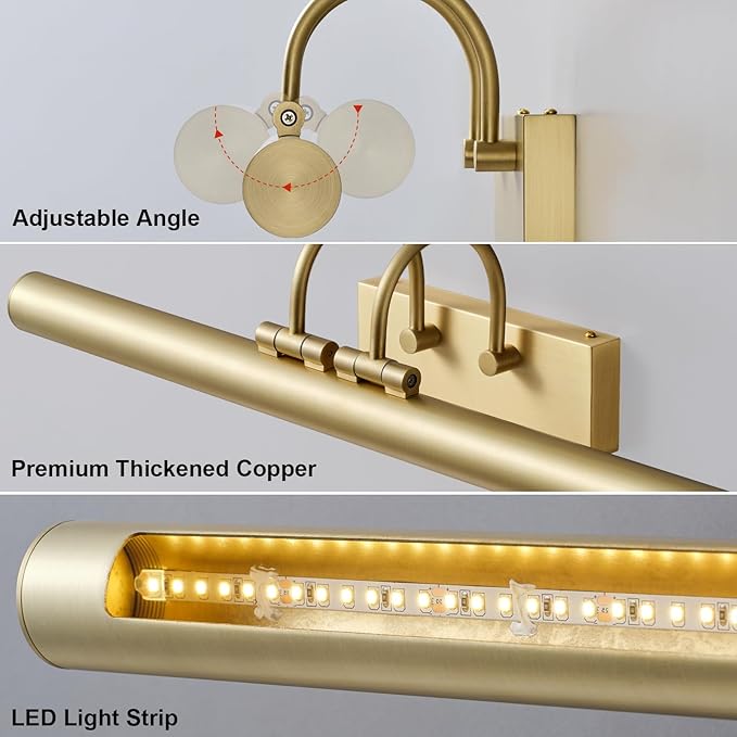 Picture Light, 23" Rotatable Brass Picture Lights for Wall, Art Lights Wall Sconce Hard-Wired, Gold Pictures Frame Light for Gallery, Artwork Poster, Photo Display, Bookcase, Bathroom