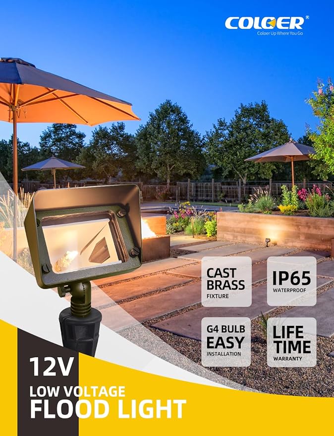 COLOER Brass Rectangular Flood Lights 1-Pack Without Blub, 12V Low Voltage Landscape Floodlights for Outside, Outdoor Wall Lights Illuminating Signs, Walls and Plant Material