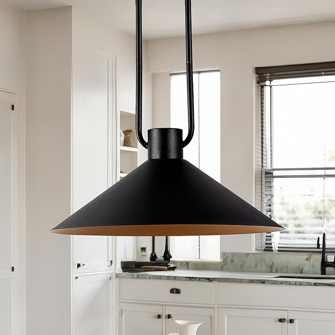 Black Industrial Pendant Lighting Kitchen Island Large Metal Adjustable Brass Cone Chandelier with Shade, Modern Round Light Lamp Fixture for Dining Room Bedroom Hallway Living Room Foyer Home Office