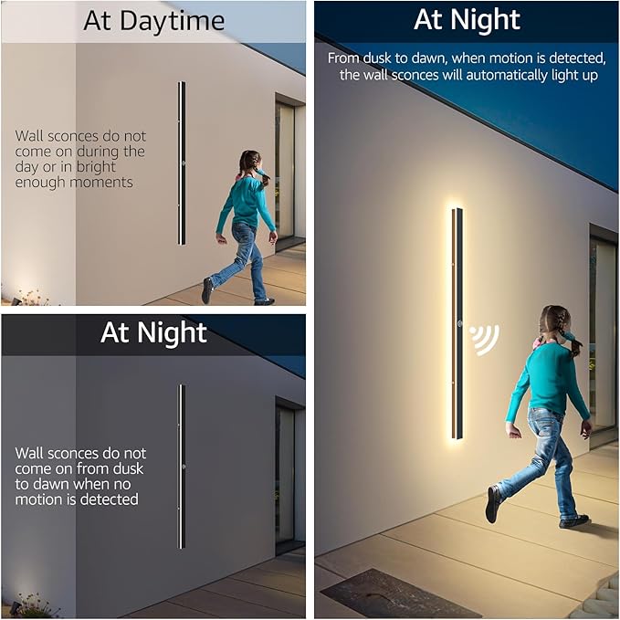 2 Pack 47.25inch Motion Sensor Long Outdoor Wall Lights 35W Black 3000K Warm White Motion Porch Lights IP65 Waterproof Exterior Wall Light Fixtures for Garage Patio Porch