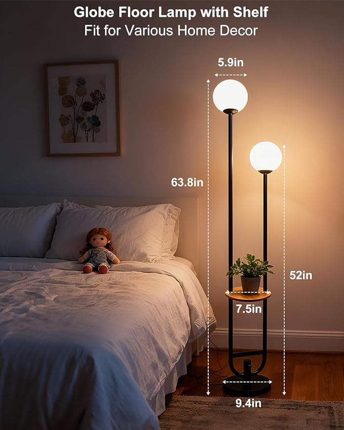 63IN Black Floor Lamp, Modern Mid Century Globe Standing Lamps with 3000K LED Bulbs Candle Holder Style Unique Vintage Tall Floor Lamp for Living Room/Wedding