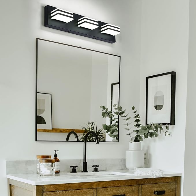Black Vanity Lights 3 Light Bar Light for Bathroom 20 Inch Mirror Light Fixtures Black Bath Lamps above Mirror 18W Vanity Sconces Modern Bathroom Sink Lights Acrylic Wall Lighting for Restroom