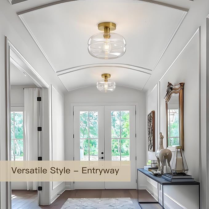 Semi Flush Mount Ceiling Light Fixture, 10-1/2 Inch Clear Glass Shade, Brushed Gold Modern Vintage 1-Light E26 Socket Ceiling Light for Hallway Entryway Kitchen Sink Bedroom Bathroom