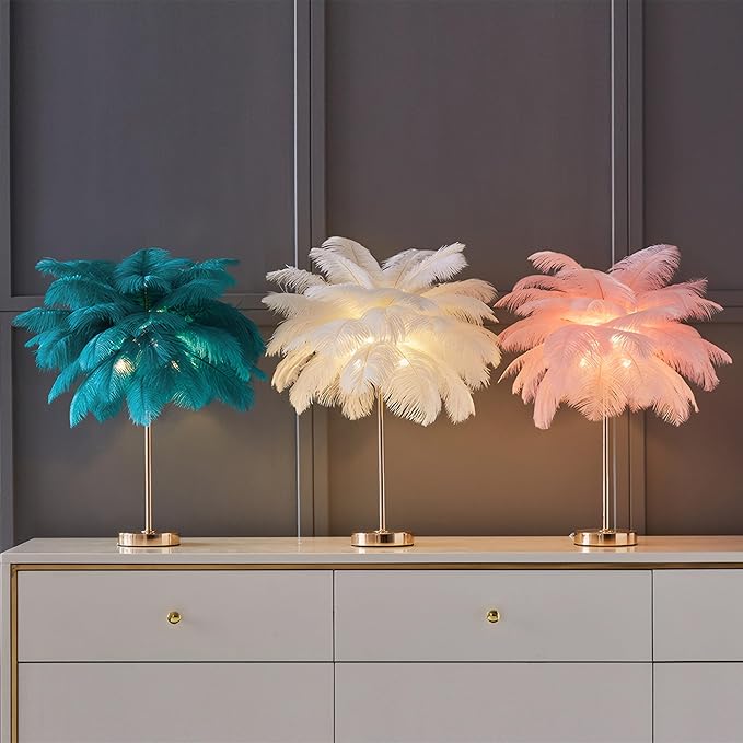White Ostrich Feather Lamp,3-Color Temperature Modes,40 Feathers and 5 G4 LED Light Bulbs,Pink Lamp for Girl's Bedside,Golden Base (Light Pink)
