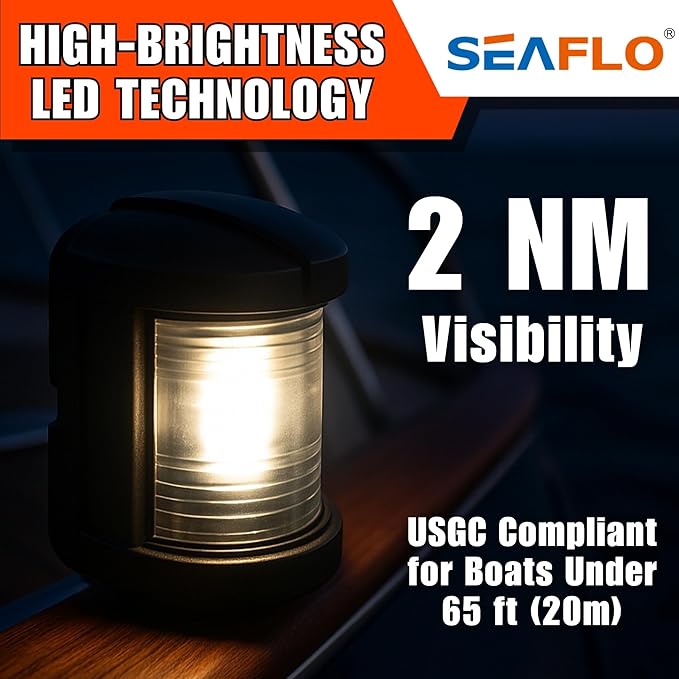 SEAFLO 11 Series Mini Sized LED White Stern Navigation Light – 12V, 1W, IP67 Waterproof, 2NM Visibility, High-Brightness, Impact-Resistant for Boats Under 65 ft (20m) – 4-Year Warranty (Stern/Black)