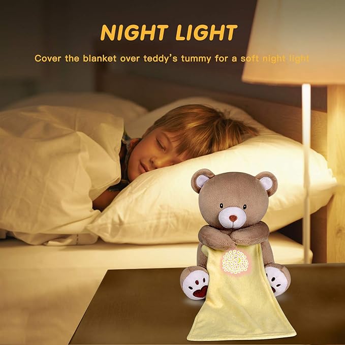 BEREST Rechargeable Baby Sleep Soother Bear, Mom's Heartbeat & Lullabies, White Noise Sound, Nursery Decor Night Light Projector, Toddler Crib Sleeping Aid, Baby Shower Gifts