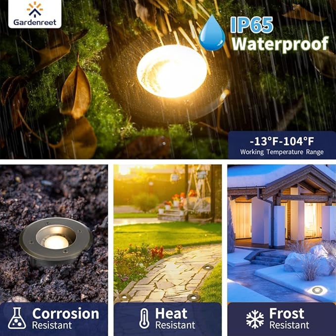 Gardenreet LED Well Lights Brass - In-Ground All Weather Replaceable Bulb Low Voltage Lighting, 12V Wired Light, Antique Bronze for Pathway Outdoor Lawn with 2700K Warm White MR16 Bulb