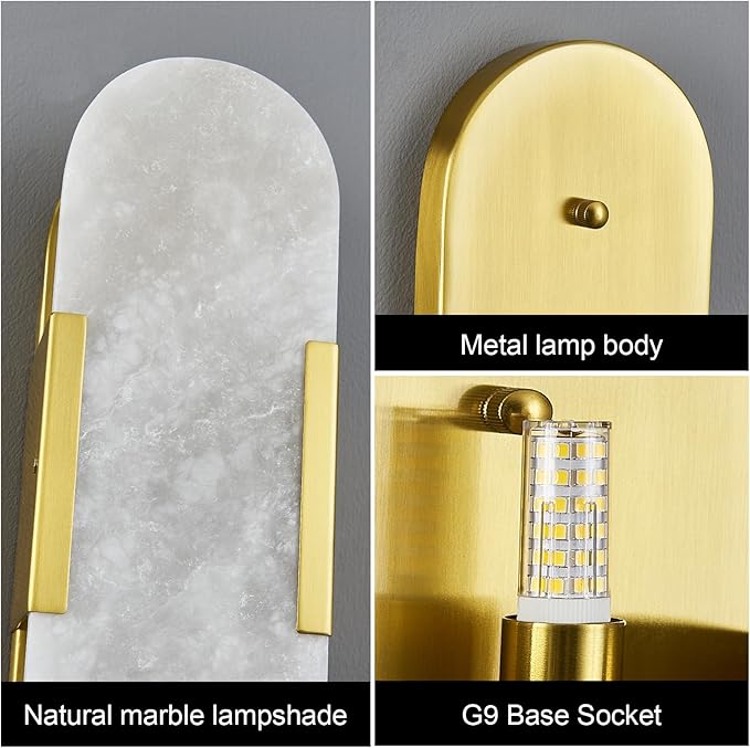 Brass Alabaster Wall Sconces Set of Two, Modern Natural Marble Wall Sconces for Indoor Lighting, 13.8 in Gold Wall Lights for Bathroom Dining Room Stairs Bedroom