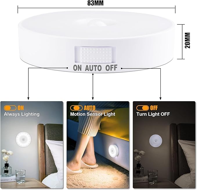 6 Pack Motion Sensor Light Indoor [Upgraded 14 LEDs], USB Rechargeable Night Light, Long Last Battery & 3 Light Modes, Wireless Magnetic Nightlight for Closet, Stairs, Hallway - Cold White