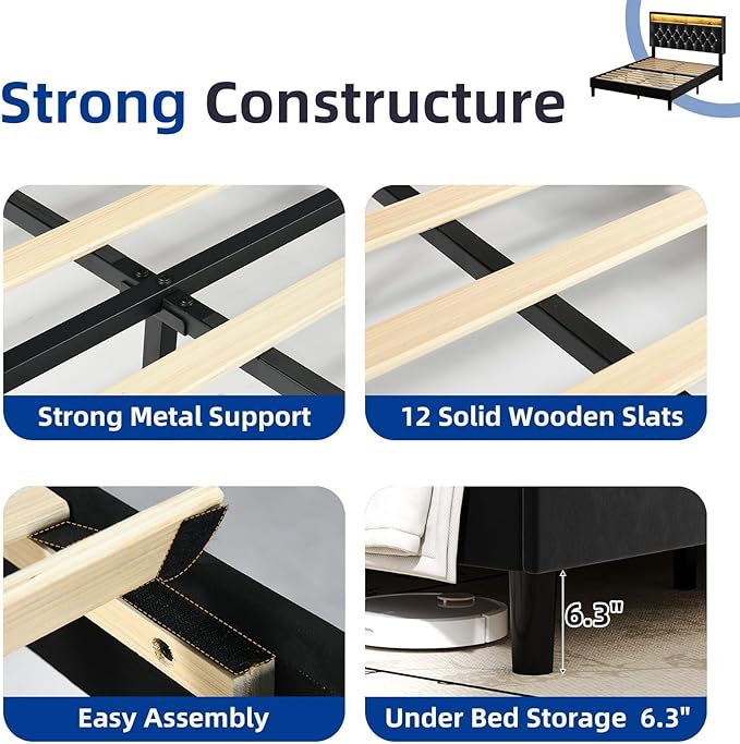Queen Size Bed Frame with LED Lights and Headboard, Velvet Upholstered Bed Frames Queen with Charging Station and Storage, Modern Diamond and Rivet Design, No Box Spring Needed, Easy Assembly, Black