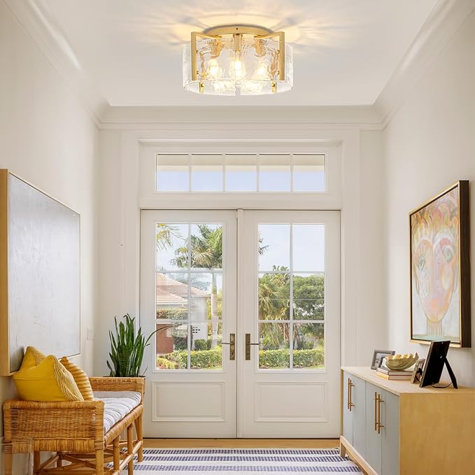 18.5'' Modern Gold Semi Flush Mount Ceiling Light, 4-Light Glass Drum Light Fixtures, Ceiling Lights for Hallway Foyer Entryway Bedroom Kitchen Dining Room Living Room Lighting Fixture, UL-Listed