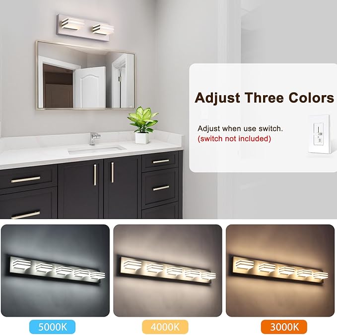 2-Light, 12.6-Inch Wall Lights Brushed Nickel Vanity Lights for Bathroom Light Fixtures Adjust 3 Colors Modern Bath Lighing Fixture Over Mirror