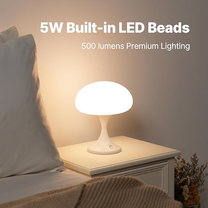 Mushroom Lamp, 5W LED Cordless Rechargeable Table Lamp with Glass Shade, Small Retro Dimmable Touch Light with 3 Color Temps, Aesthetic Mid Century Bedside Light for Bedroom Ambient, White