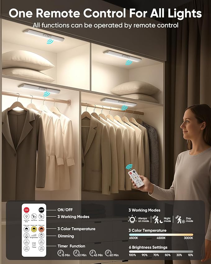 Motion Sensor Closet Lights, Eye Protection Design Under Cabinet Lighting Wireless with Remote Control, 3 Color Temps & Dimmable, Rechargeable Closet Lights for Kitchen, Wardrobe, Shelf, Pantry