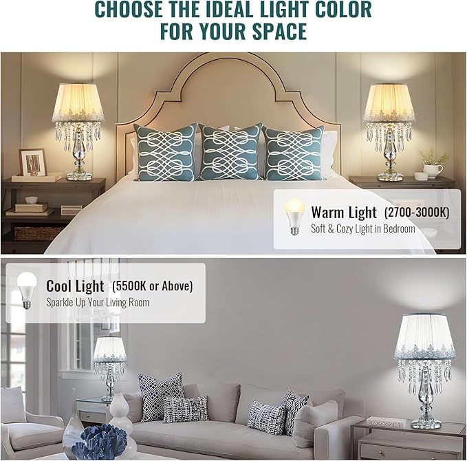 Siljoy Crystal Table Lamp Set of 2, Dimmable Bedside Lamp with Fabric Shades, Farmhouse Nightstand Lamps with K9 Crystal Strands for Living Room Bedroom 22.8 High