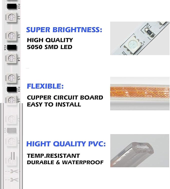 5050-60 Type AC 110-120V RGB LED Strip Lights, Flexible/Waterproof/Dimmable/Multi-Colors/Multi-Modes LED Rope Light + 24 Keys Remote for Home/Garden/Building Decoration (65.6ft/20m, RGB)