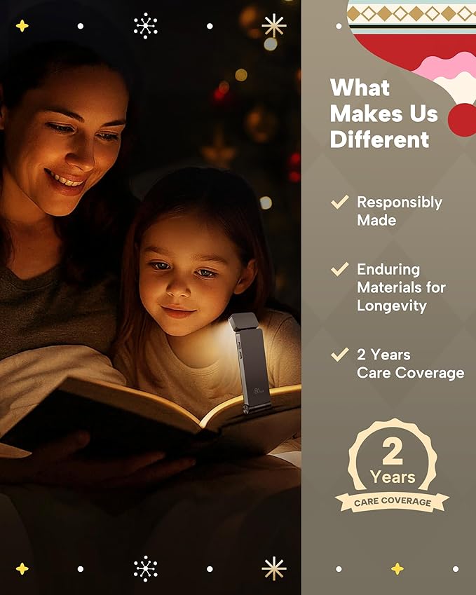 86lux Book Light, Rechargeable Clip-On LED Reading Light for Bed & Night Use - 3 Color Temperatures with Stepless Dimming, Ultralight Bookmark Design for Kids, Book Lovers, Grey