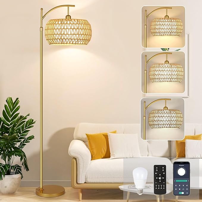 Gold Floor Lamp for Living Room with 3 Color Temperatures,Arc Boho Floor Lamps with Remote Control, Rattan Standing Lamp with Wicker Lamp Shades Dimmable Tall Floor Lamp For Bedroom Living Room Corner